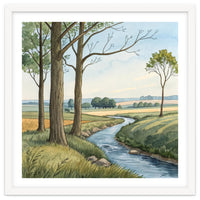 Pastoral Countryside Watercolor Painting with Winding Stream Meadows and Deciduous Trees Landscape
