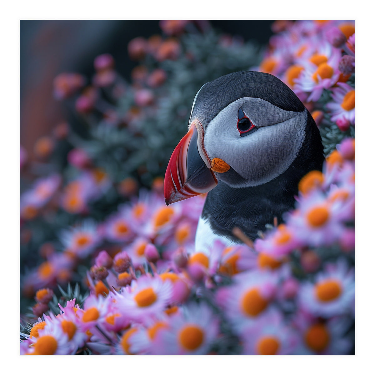 Puffin Bird Among Pink Flowers  (Print Only)