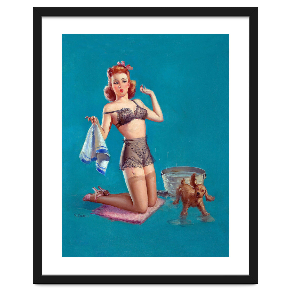 Pinup Girl Bathing A Dog