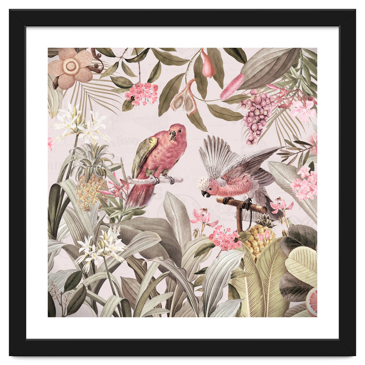 Colorful Parrots In Flower And Fruit Tropical Jungle