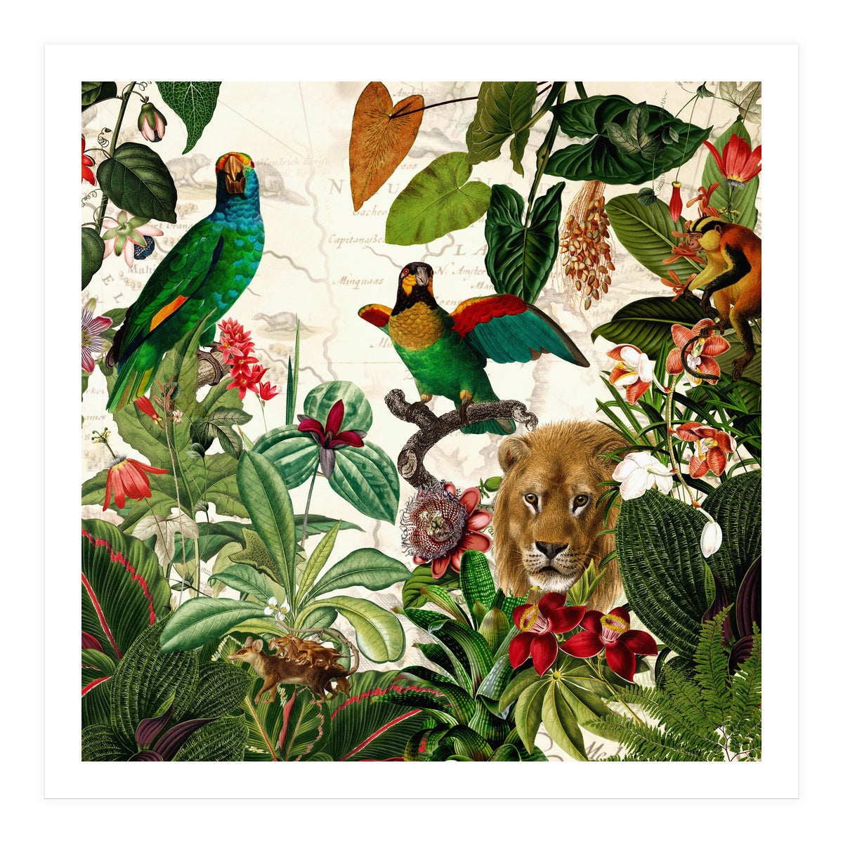Exotic Lush Jungle And Wild Animals Landscape  (Print Only)
