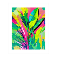 Pink Summer & Banana Leaves, Tropical Jungle Pop Of Color Nature, Forest Plants Bohemian Eclectic Watercolor Painting (Print Only)