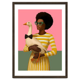 Stylish Woman Holding Goose In Striped Dress thumbnail