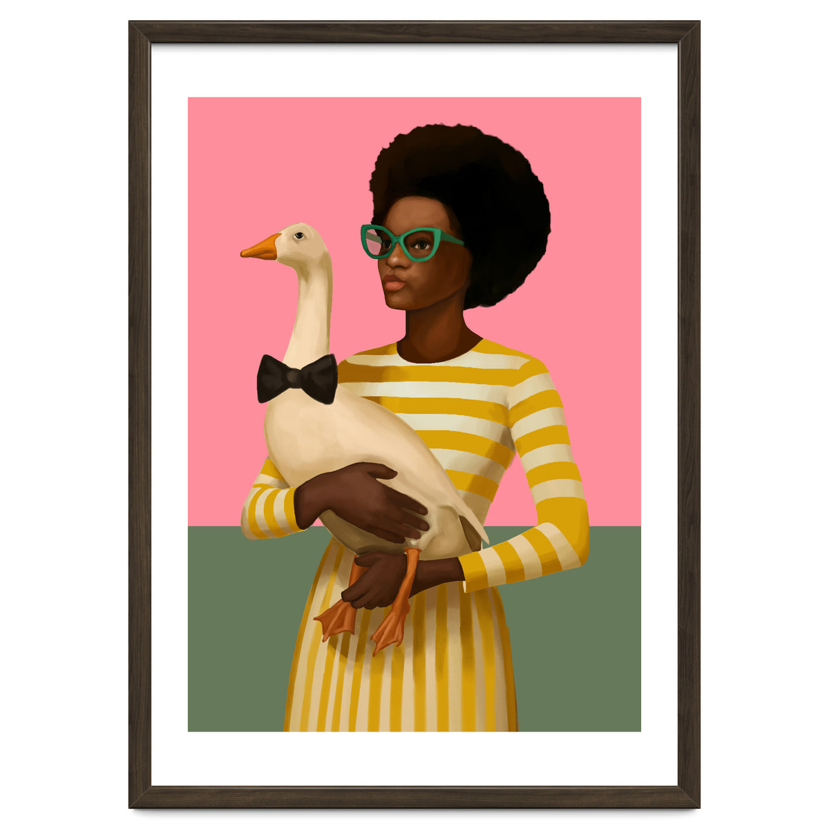 Stylish Woman Holding Goose In Striped Dress