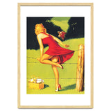 Pinup Girl In Red Dress Crossing The Barbed Wire While Looking At The Bull thumbnail
