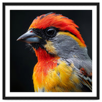 Close Up Of Colorful Bird With Red Orange Yellow Feathers