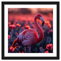 Pink Flamingo Bird Standing Among Flowers At Sunset
