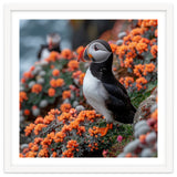 Atlantic Puffin Bird Perched On Orange Flowers thumbnail