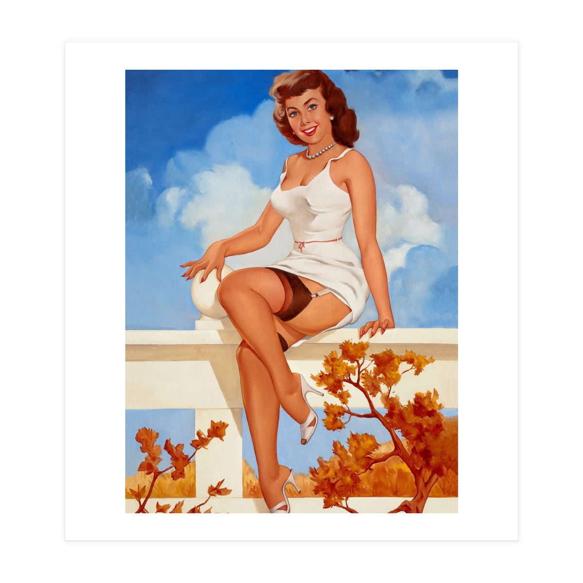 Beautiful Pinup Girl Posing On A Fence (Print Only)