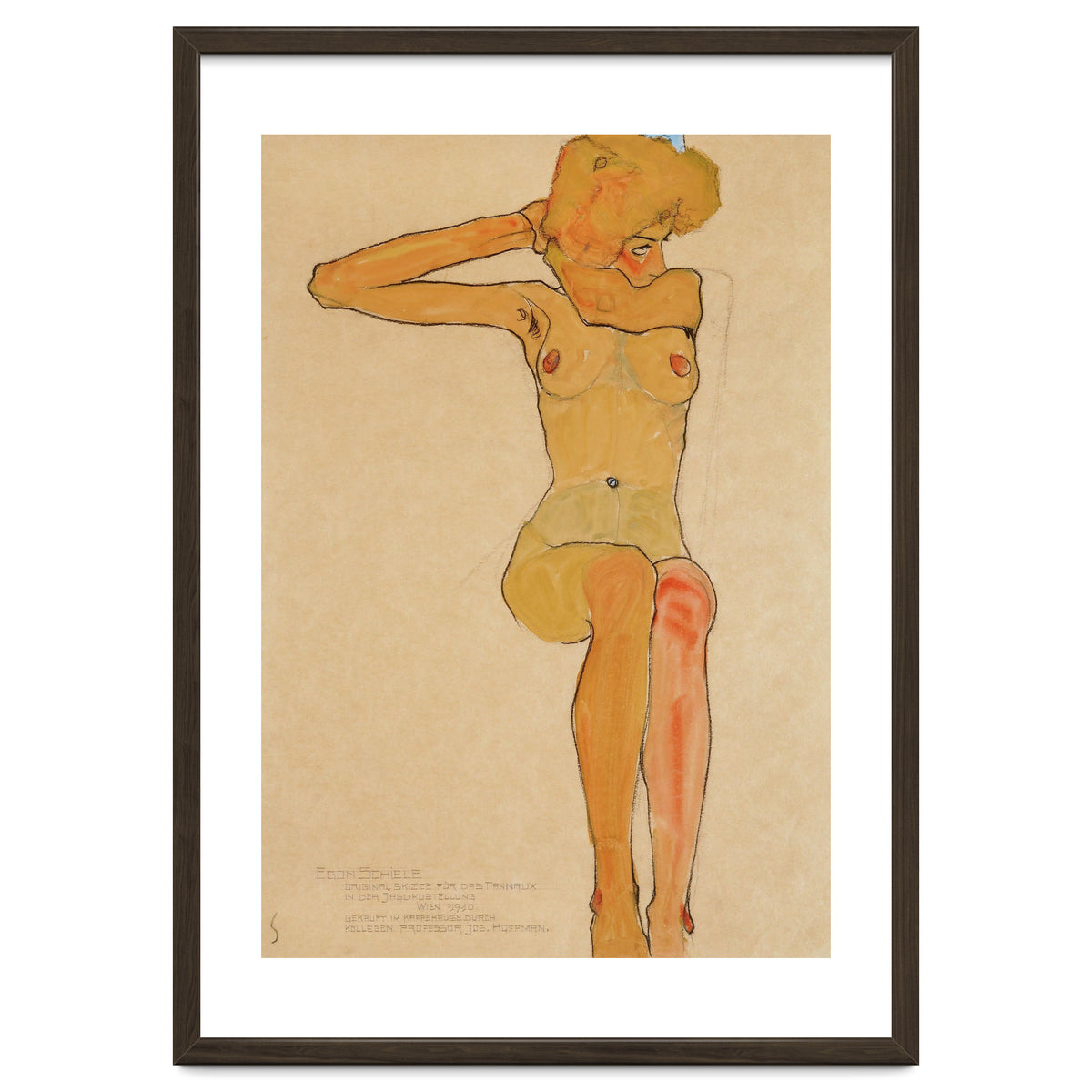 Seated female nude with raised right arm,1910 Gouache,.