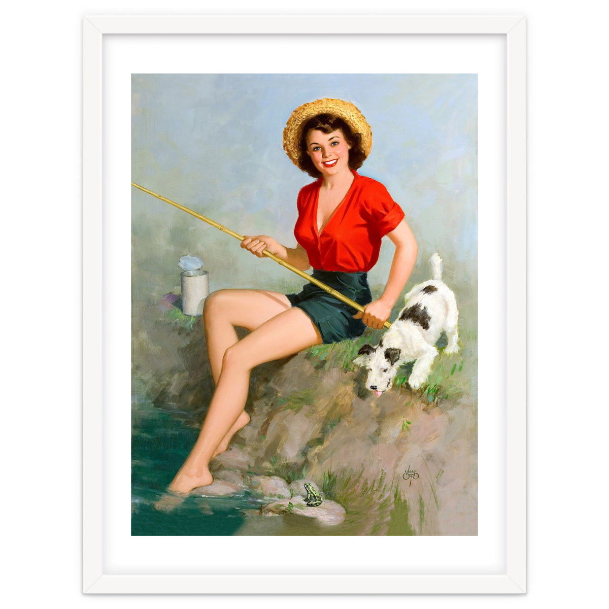 Pinup Girl Fishing With Her Dog