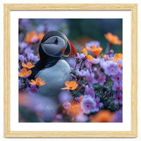 Puffin Bird Among Vibrant Purple And Orange Flowers