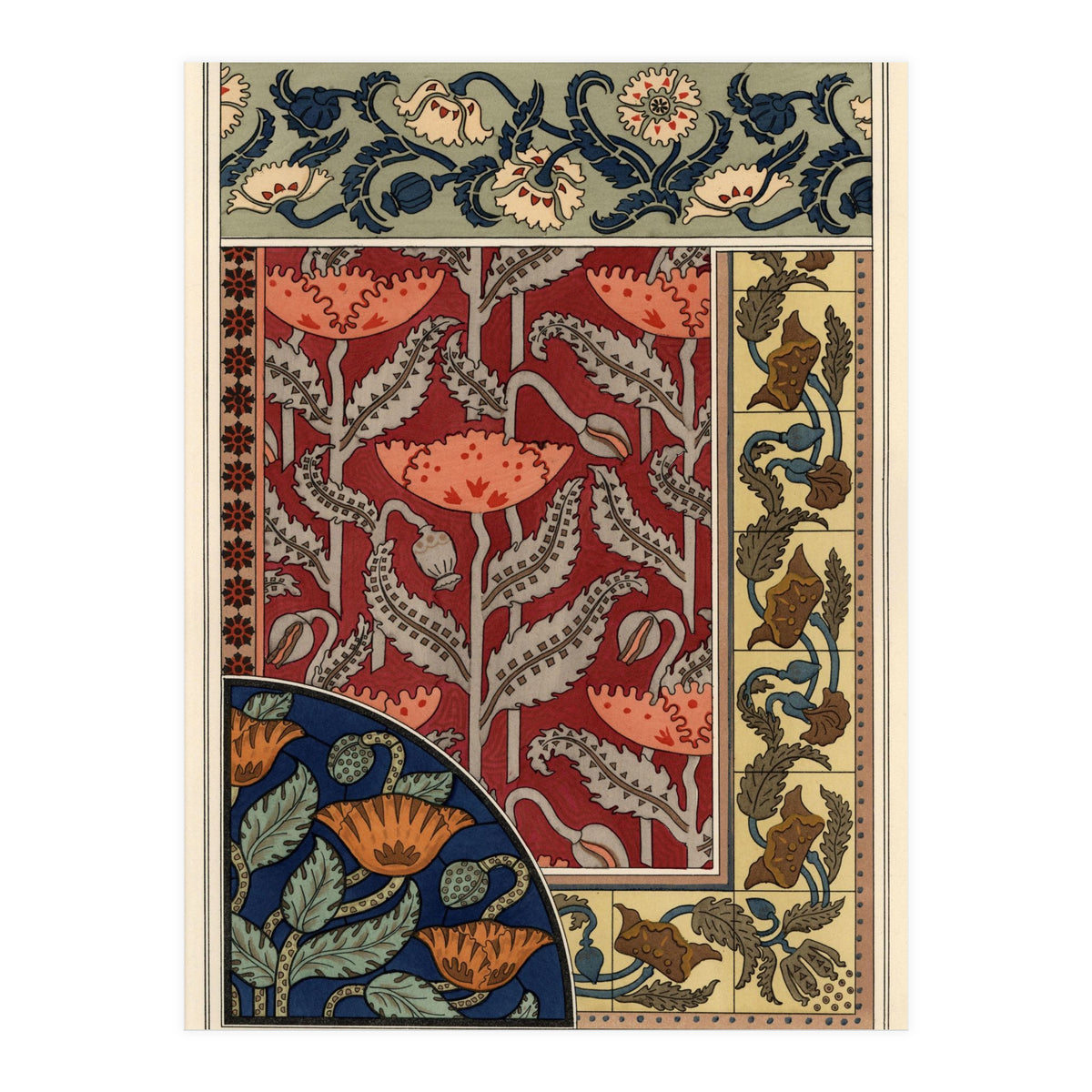 The poppy, Papaver somniferum, in stained glass, wallpaper, fabric and tile patterns. Lithograph ... (Print Only)