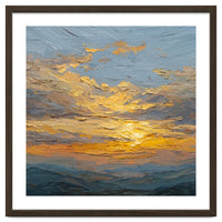 Atmospheric Golden Sunset Impasto Oil Painting Featuring Textured Clouds