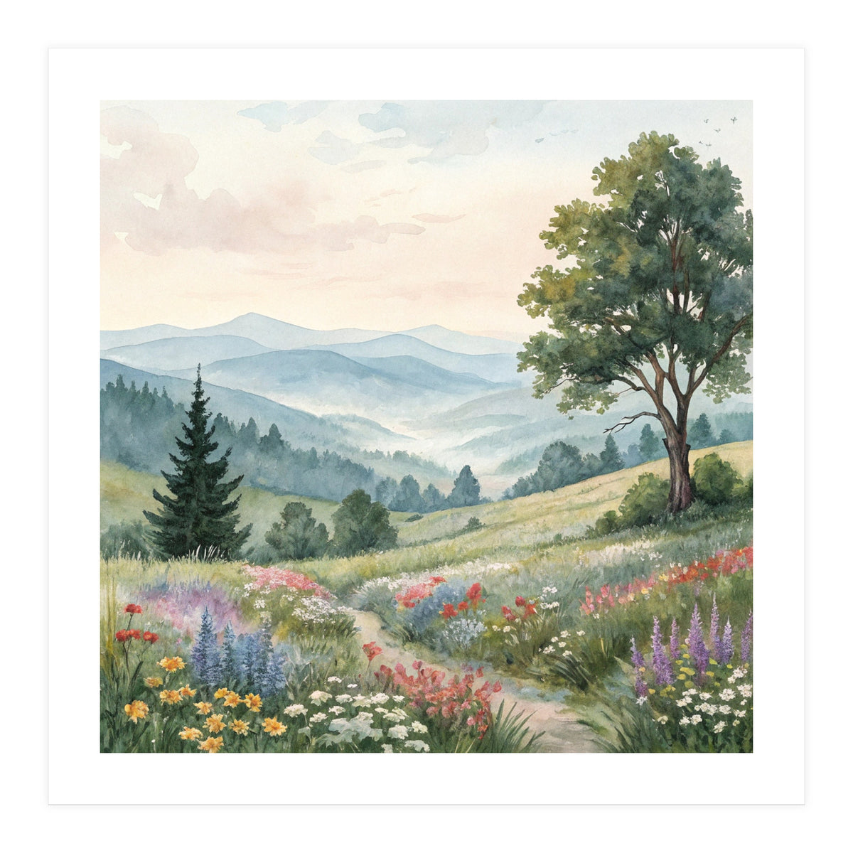 Serene Mountain Meadow Watercolor Landscape (Print Only)