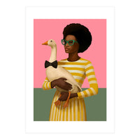 Stylish Woman Holding Goose In Striped Dress (Print Only)