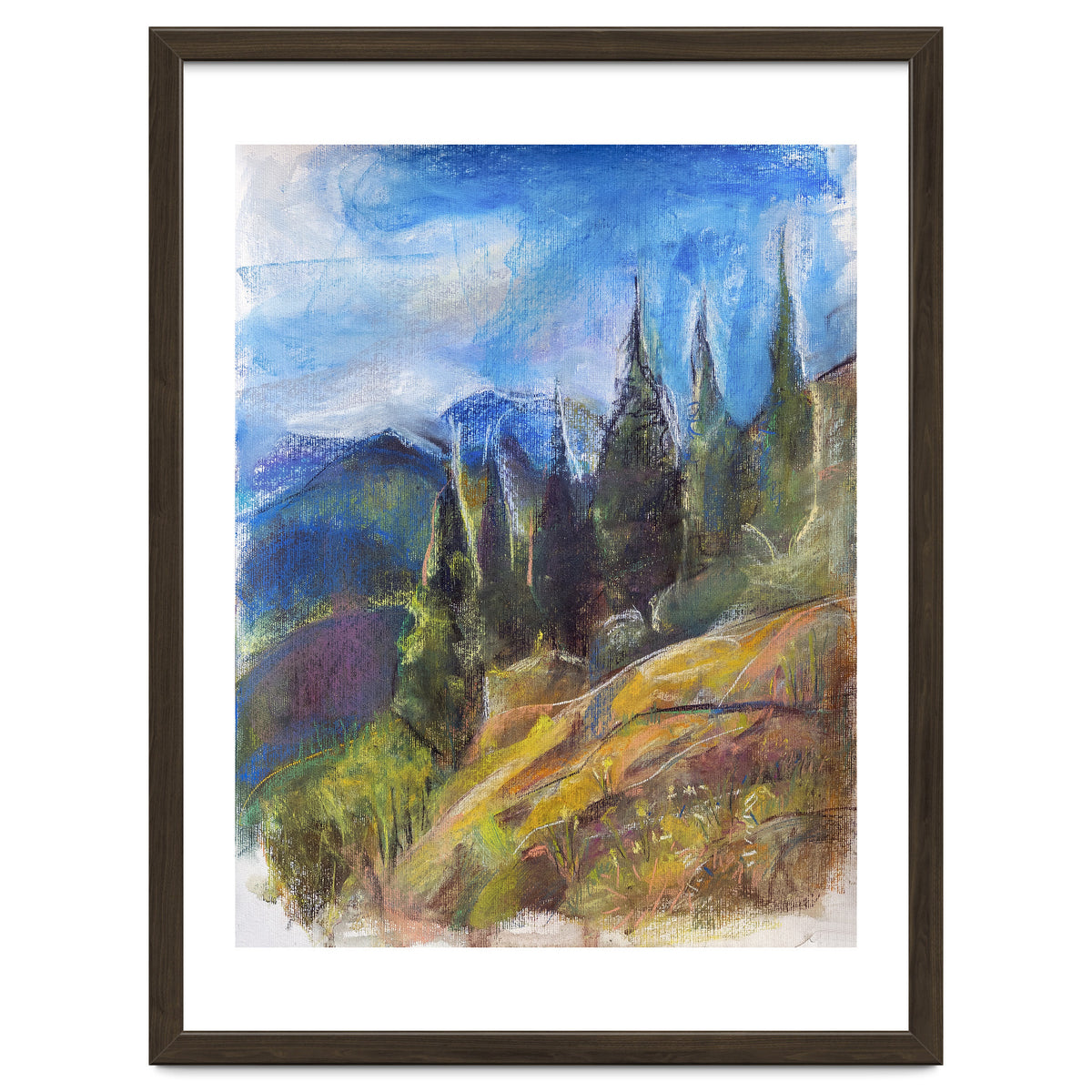 Pastel drawing of an Alpine Pine Forest