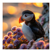 Puffin Bird Amidst Purple Flowers Golden Hour (Print Only)