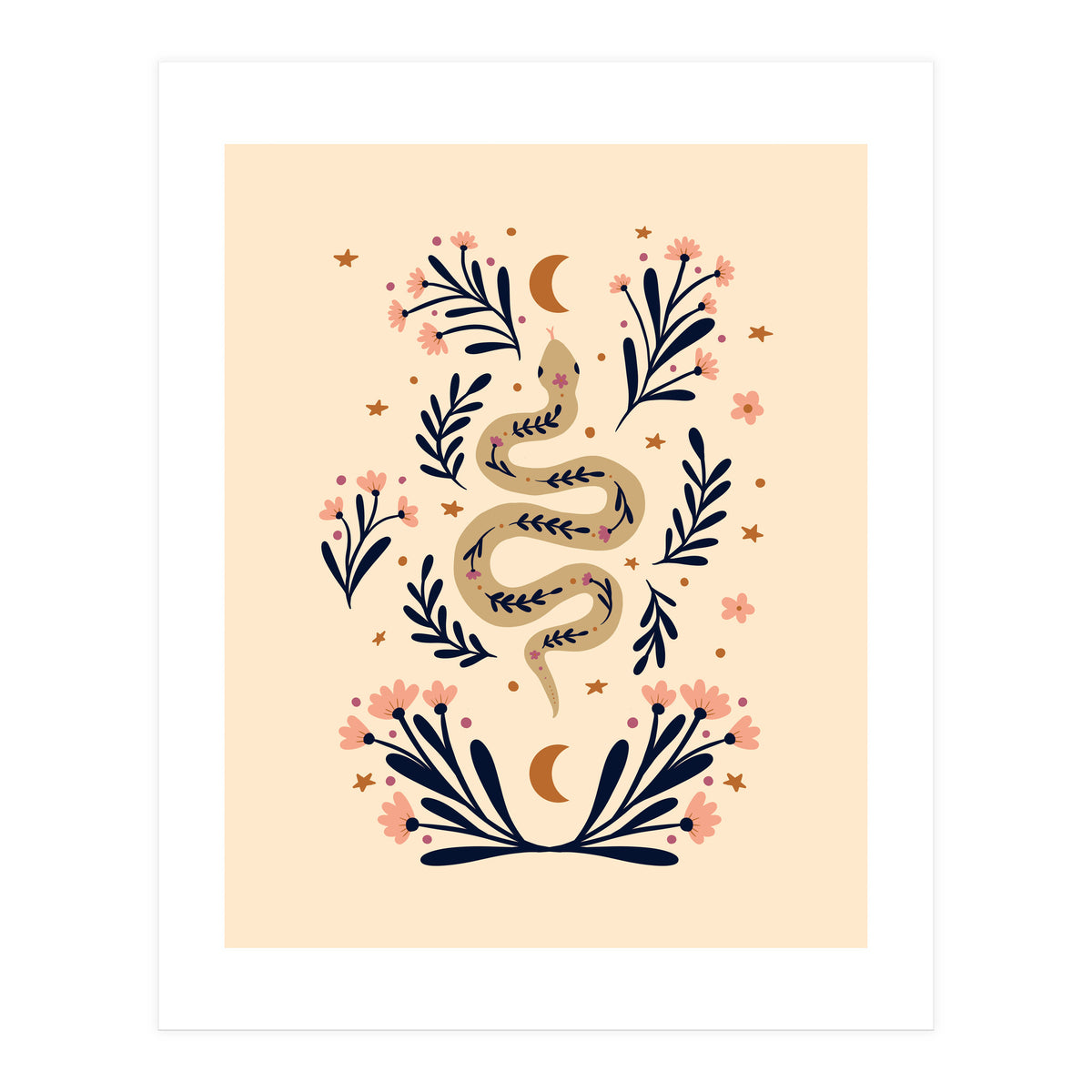 Snake And Flowers Beige And Indigo (Print Only)