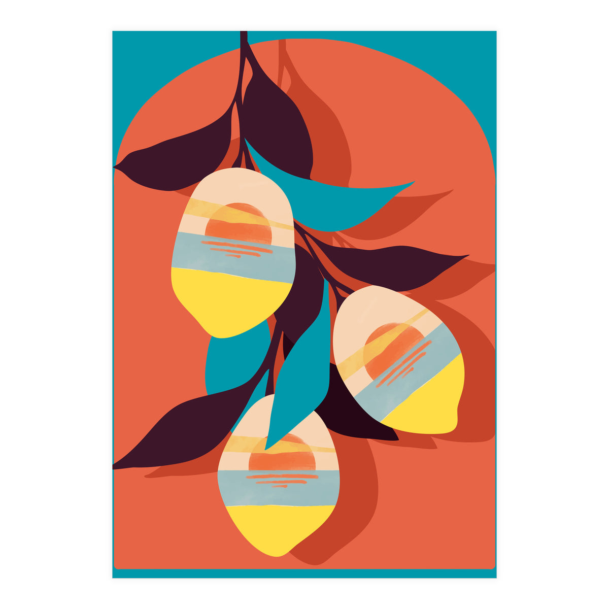 Lemon Sunset, Eclectic Botanical Colorful Bohemian Fruits, Food Pop Of Color Lime Retro (Print Only)