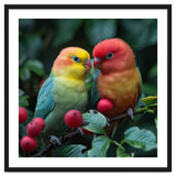 Lovebirds Perched Amidst Red Berries And Green Foliage thumbnail