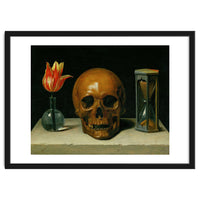 Vanitas, allegory of fleeting time with skull and hour-glass. Oil on canvas.