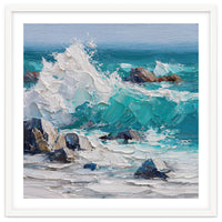 Dynamic Crashing Turquoise Ocean Wave Against Rugged Coastal Rocks
