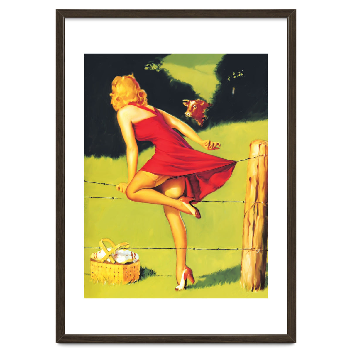 Pinup Girl In Red Dress Crossing The Barbed Wire While Looking At The Bull