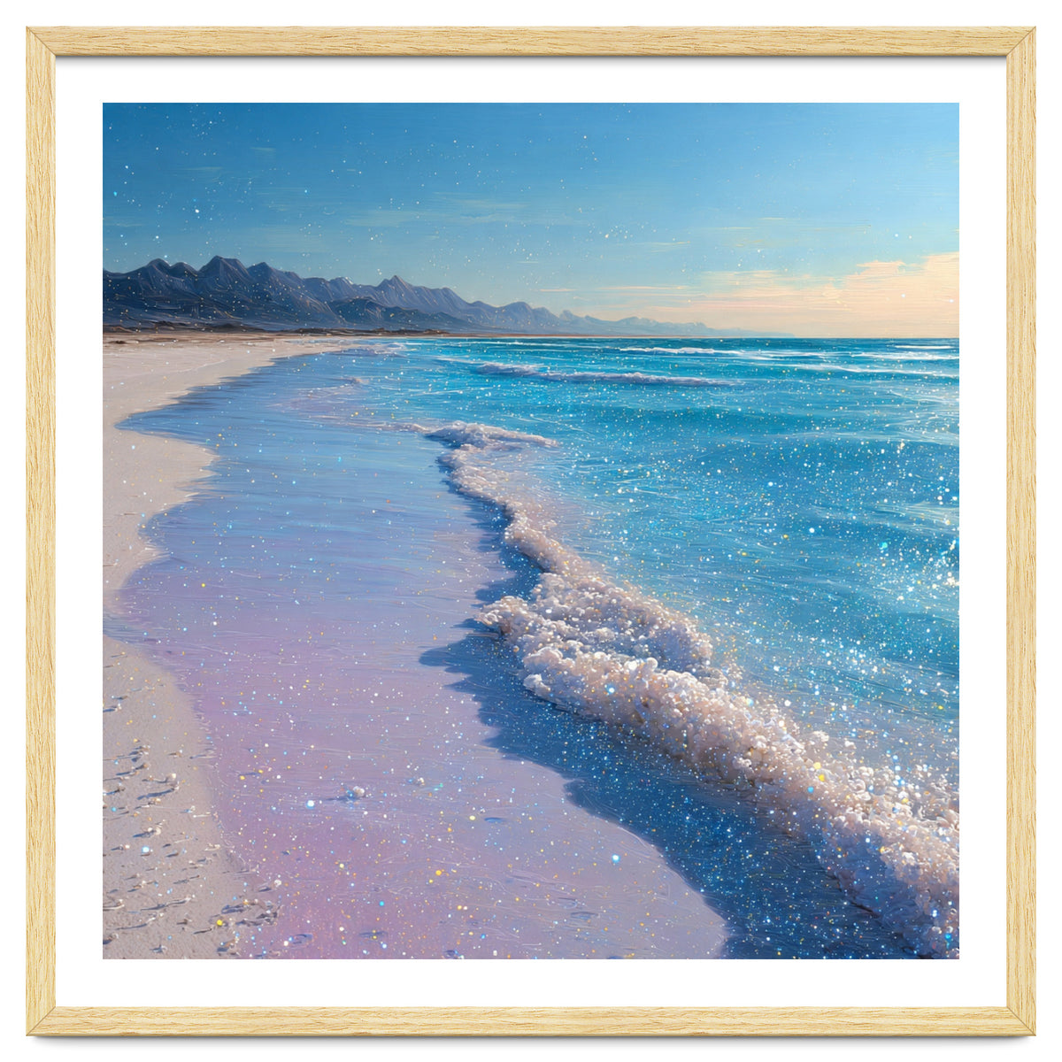 Sparkling Pastel Shoreline with Glittering Turquoise Waves