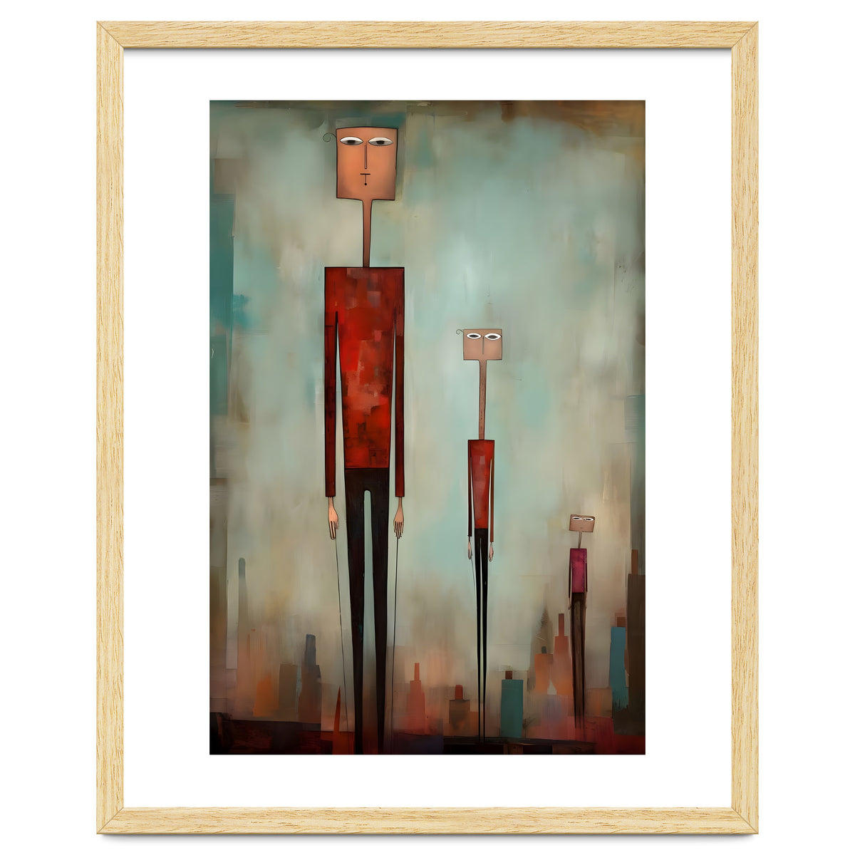 CITY HEIGHTS, three human-like forms of differing heights loom over the city below.