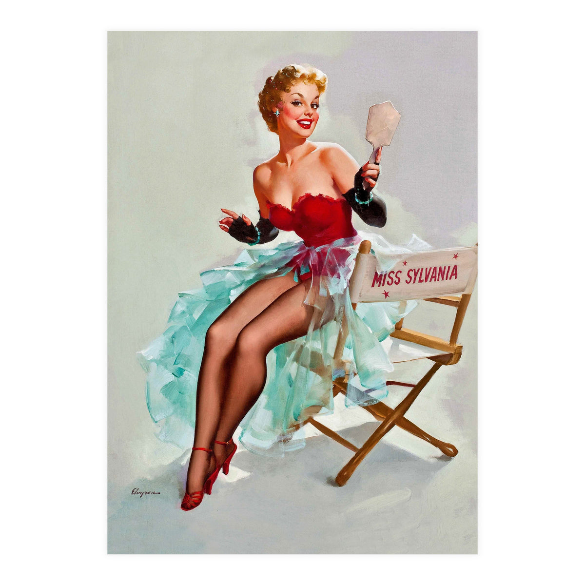 Sexy Pinup Actress Posing With a Mirror (Print Only)