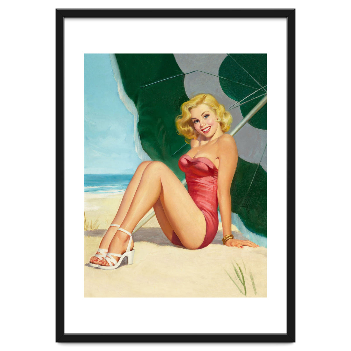 Sexy Pinup Girl On The Beach Under Big Sunshade