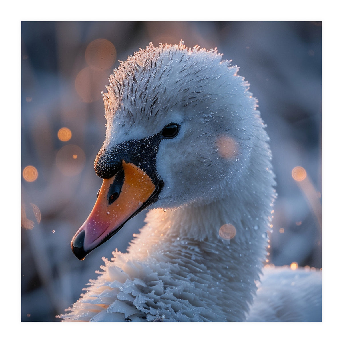 Close Up Frosty Swan Head During Golden Hour (Print Only)