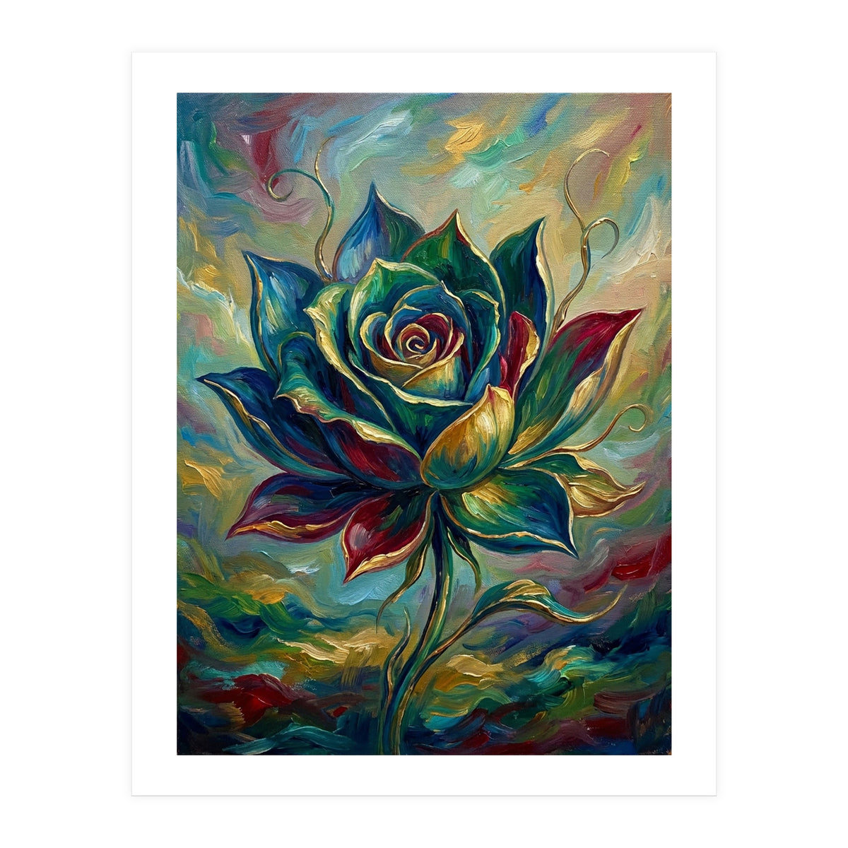 Enchanted Teal and Gold Rose Impasto Oil Painting (Print Only)