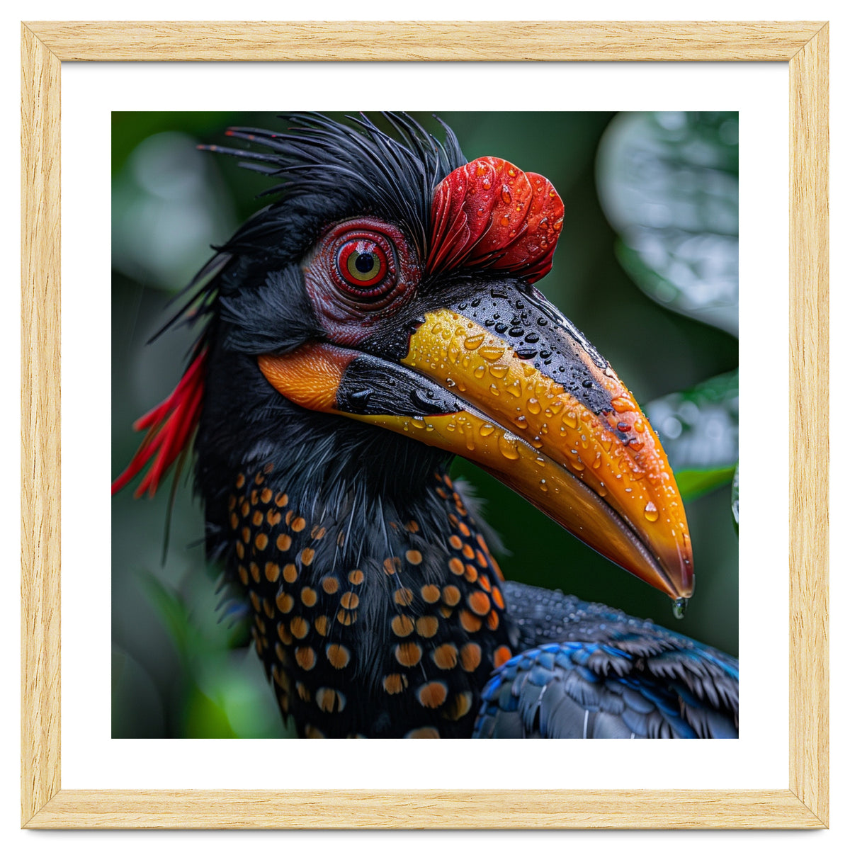Close Up Of Helmeted Hornbill Bird In Rain
