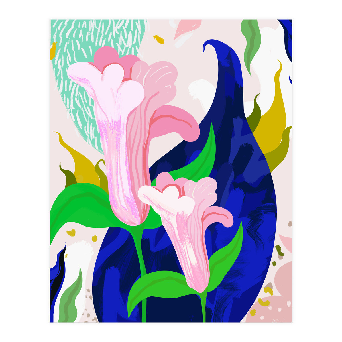 Blue Leaf | Abstract Botanical Floral Painting | Eclectic Pop of Color Nature | Jungle Plants (Print Only)