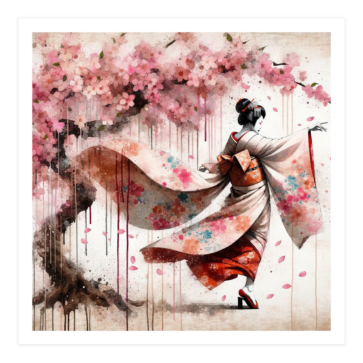 Geisha Under Cherry Blossoms In Motion (Print Only)