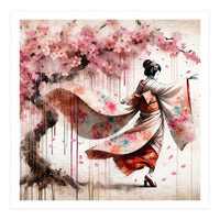 Geisha Under Cherry Blossoms In Motion (Print Only)