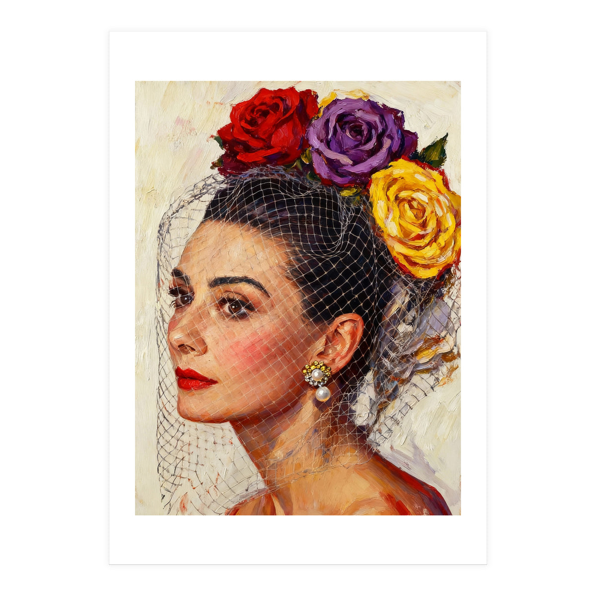 Audrey Hepburn, Impasto Floral Veil Portrait, Classic Hollywood Oil Painting, (Print Only)