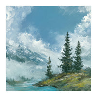 Ethereal Alpine River Valley with Snow-Capped Mountains (Print Only)