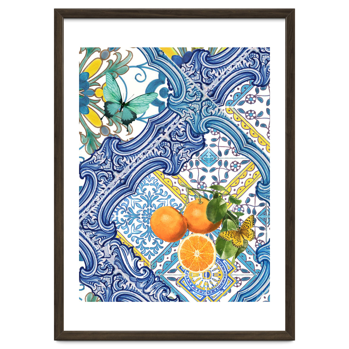 Mediterranean blue tiles, butterflies and citrus fruit