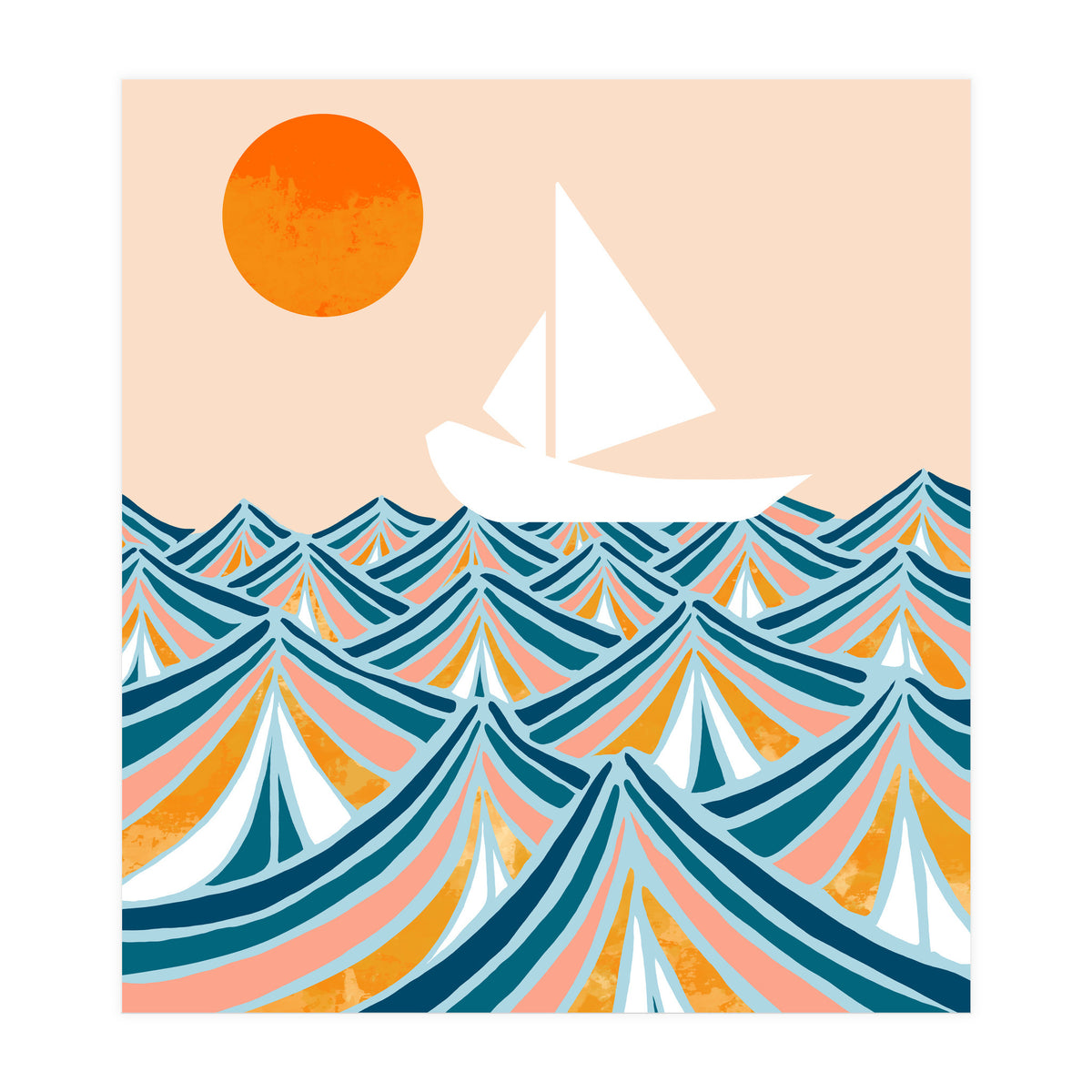 Set Sail, Ocean Boat Sailing Travel, Sea Cruise Summer Waves, Graphic Design Bohemian Modern Eclectic (Print Only)