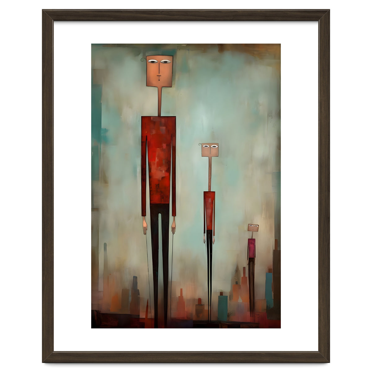 CITY HEIGHTS, three human-like forms of differing heights loom over the city below.