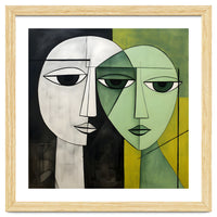 DYNAMIC FUSION, Two abstract heads converge - vibrant green tones intertwine with cool grey hues, a dance of contrast and connection.