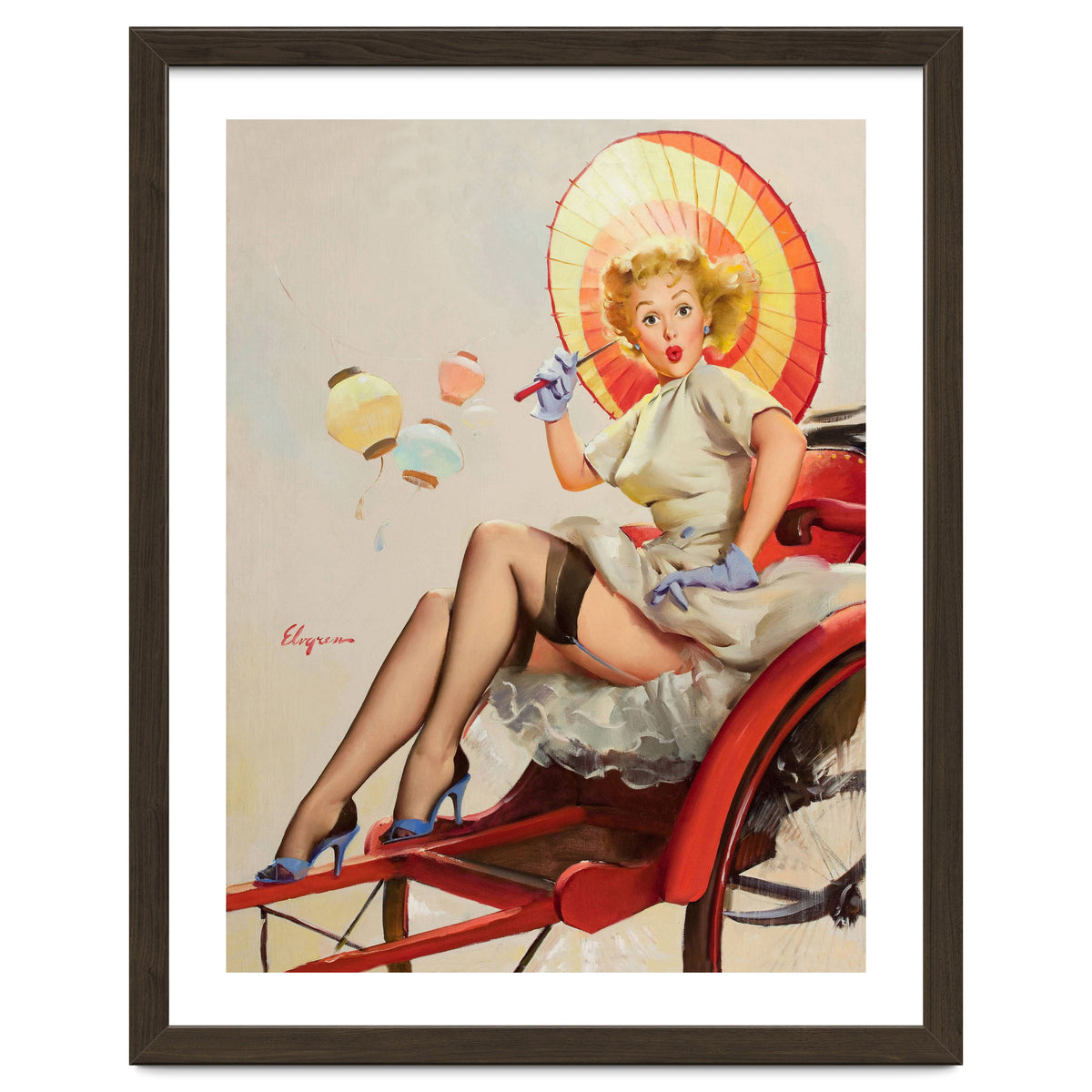 Pinup Girl In Rickshaw Experiencing Sudden Wind