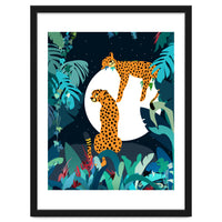 Over The Moon, Leopard In Love, Jungle Wildlife Tropical Tiger Botanical, Nature Cat Dark Animals