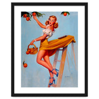 Pinup Sexy Woman Picking Oranges On A Tree Branch