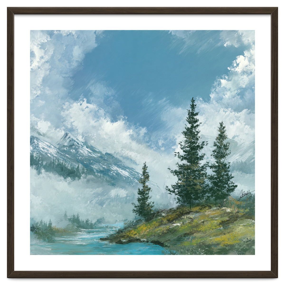 Ethereal Alpine River Valley with Snow-Capped Mountains