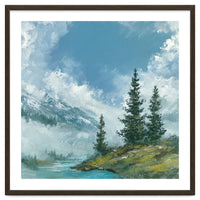 Ethereal Alpine River Valley with Snow-Capped Mountains