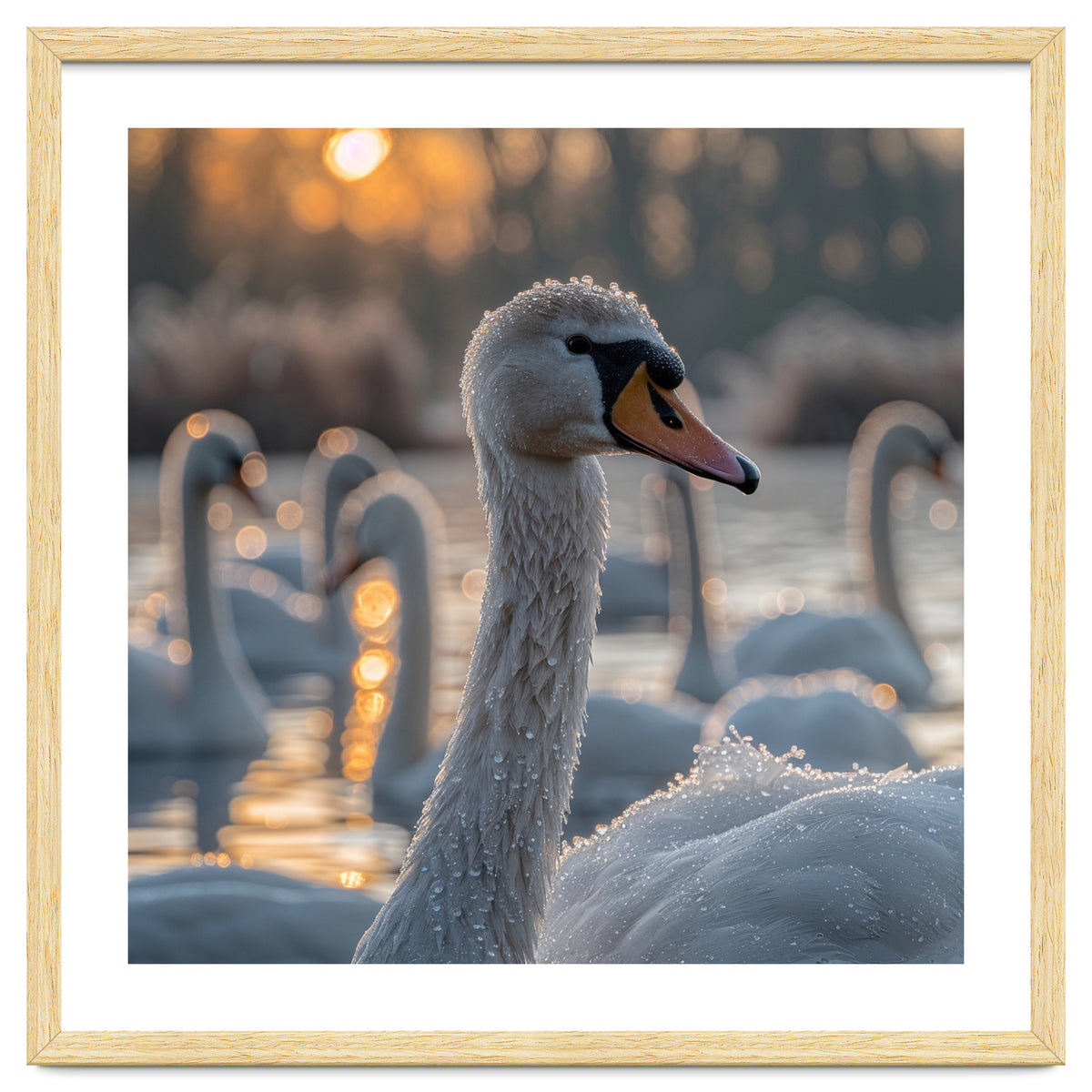 Close Up Of Swan With Water Droplets At Sunrise